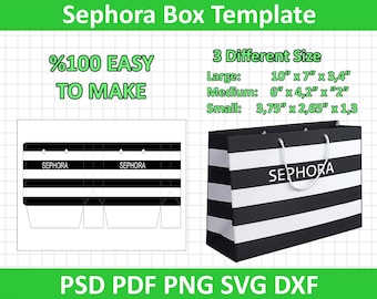 May include: A template for a Sephora box, featuring a black and white striped shopping bag design. The image includes a diagram of the box and text indicating three different sizes: 10" x 7" x 3.4", 6" x 4.2" x 2", and 3.75" x 2.65" x 1.3".