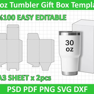 30oz Tumbler Box Template, Gift Box Template, Svg, Dxf, Png, Psd, Cdr, Pdf, A3 size sheet, Printable, Easy Editable, Instant Download