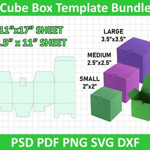 Könnte beinhalten: Ein digitales Vorlagenpaket für Würfelboxen. Enthält Boxvorlagen für 28 cm x 43 cm und 22 cm x 28 cm große Bögen sowie drei montierte Boxen in Lila, Rosa und Grün, mit den Größen 5 cm x 5 cm, 6 cm x 6 cm und 9 cm x 9 cm.