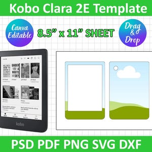 May include: A black Kobo Clara 2E e-reader next to a template sheet with a blue sky and green landscape design. The template is 8.5" x 11" and Canva editable. Text includes "Drag & Drop" and file formats: PSD, PDF, PNG, SVG, DXF.