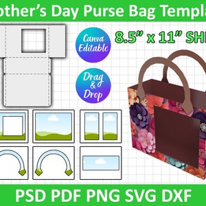 Sac à main fête des mères à faire soi-même, modèle de boîte cadeau de sac à main, panneau en mousse, inspiré d'un designer, toile modifiable, svg, Cricut, Silhouette, téléchargement immédiat