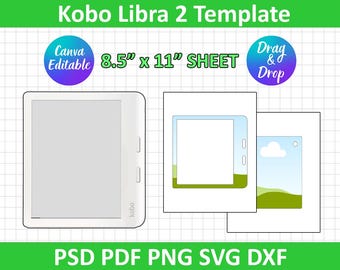 Puede incluir: Una plantilla de lector electrónico Kobo Libra 2 blanca sobre un fondo de cuadrícula blanco y gris. La plantilla mide 8,5 pulgadas por 11 pulgadas e incluye una función de arrastrar y soltar. La plantilla es editable en Canva.