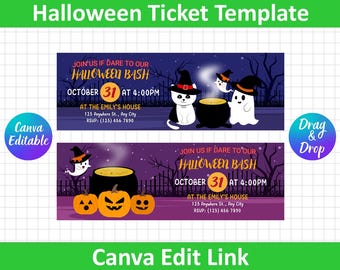 Bewerkbare uitnodiging voor Halloween-ticket, Halloween-tickets, Halloween-uitnodigingen, ticket Halloween-feest, uitnodiging Halloween-feest, canva bewerken