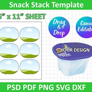 May include: A template for snack stack labels, featuring six oval designs with a sky and landscape background. The sheet measures 21.6 cm x 27.9 cm. Includes a Pringles Sour Cream & Onion snack cup with "Your Design" text. Also includes "Drag & Drop" and "Canva Editable" graphics.