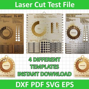May include: A collection of laser cut test file templates for various materials, including cardboard and Baltic birch. The templates feature circular and rectangular cut patterns, with the text "Laser Cut Test File" at the top.
