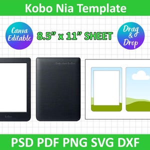 Puede incluir: Una plantilla digital para un lector electrónico Kobo Nia, que presenta una ilustración en blanco y negro del dispositivo con una pantalla en blanco. La plantilla está diseñada para usar con Canva y tiene un tamaño de 8,5 pulgadas por 11 pulgadas. La plantilla incluye dos elementos de arrastrar y soltar, uno con un rectángulo en blanco y el otro con una escena de paisaje simple.