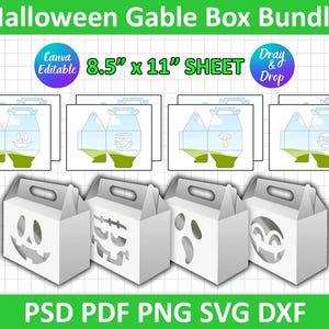 May include: A Halloween Gable Box Bundle with four white gable boxes, each featuring a different jack-o'-lantern face cutout. The image also shows the box templates and includes the text "8.5" x 11" SHEET" and "Canva Editable".