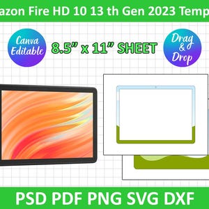 May include: A mockup template for an Amazon Fire HD 10 tablet, 13th generation, 2023 model. The template is 8.5 inches by 11 inches and includes a black tablet with a colorful abstract background. The template is designed for use with Canva and is drag and drop compatible. The template is available in PSD, PDF, PNG, SVG, and DXF formats.