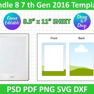 Könnte beinhalten: Ein weißer Kindle-E-Reader mit leerem Bildschirm, neben einer Vorlage mit Vorder- und Rückseiten-Designs. Die Vorlage ist 21,6 cm x 27,9 cm groß und enthält den Text "Canva Editable" und "Drag & Drop". Das Bild zeigt auch "PSD PDF PNG SVG DXF".