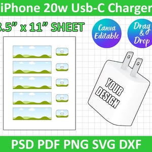 Plantilla de envoltorio para cargador de iPhone USB-C de 20 W, plantilla de juego de cubiertos, SVG, Canva editable, DXF, PNG, PSD, Cricut, Silhouette, descarga instantánea