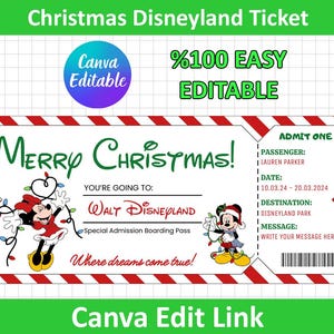 Puede incluir: Un boleto de Navidad para Disneyland con un borde a rayas rojas y blancas. El boleto presenta a Mickey y Minnie Mouse, el texto "Merry Christmas!" y "Walt Disneyland". El boleto también incluye el texto "Canva Editable".
