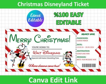 Biglietti di Natale Diseyworld stampabili, biglietto con sorpresa per il parco a tema, biglietto di viaggio Disey con stampa a sublimazione, regalo di Natale Diseyland da scaricare