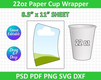 22 oz Paper Cup Wrapper Template, Paper Coffee Cup Template, Paper Cup Wrapper, Blank Cup Wrapper, Styrofoam Cup, Canva Editable