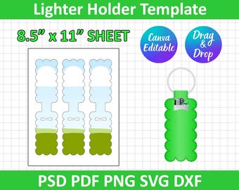 Könnte beinhalten: Eine grüne Feuerzeughalter-Vorlage mit dem Text "Lighter Holder Template" und "8,5" x 11" SHEET". Die Vorlage enthält ein Design für einen Feuerzeughalter und die Wörter "Canva Editable" und "Drag & Drop".