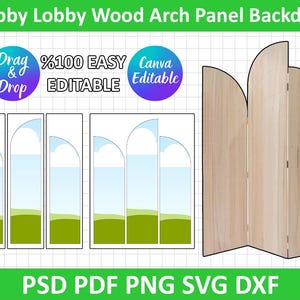 May include: A digital download of a wood arch panel backdrop for use in digital design programs. The backdrop is made up of three panels with a rounded arch shape at the top. The backdrop is 100% easy to edit and can be used in Canva. The image also includes a set of five digital flags with a blue sky, white clouds, and green grass design.
