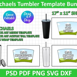 Könnte beinhalten: Ein digitales Vorlagenpaket für Michaels-Becher. Enthält Vorlagen für 18,5 oz und 19 oz Becher, mit Optionen für Art Minds- und Acrylic Tall-Designs. Das Paket ist mit Canva bearbeitbar und unterstützt Drag & Drop. Die Blattgröße beträgt 43,18 cm x 27,94 cm.