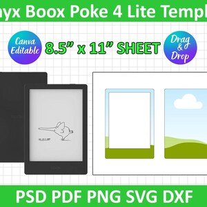 May include: A black Onyx Boox Poke 4 Lite template with a white background. The image includes a digital device, a design template, and text that reads "8.5" x 11" SHEET". Additional text includes "Canva Editable" and "Drag & Drop".