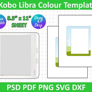 Op de afbeelding: Een zwart-witte omtrek van een Kobo Libra e-reader op een witte en grijze rasterachtergrond. De e-reader is 8,5 inch bij 11 inch. De tekst "Kobo Libra Colour Template" staat bovenaan de afbeelding. De tekst "Canva Editable" staat in een blauwe cirkel linksboven in de afbeelding. De tekst "Drag & Drop" staat in een blauwe cirkel rechtsboven in de afbeelding. De tekst "8.5" x 11" SHEET" staat in het midden van de afbeelding. De tekst "PSD PDF PNG SVG DXF" staat onderaan de afbeelding.