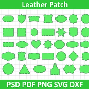 Pode incluir: Uma coleção de patches de couro verde em várias formas, incluindo ovais, quadrados e escudos. Cada patch tem uma borda preta tracejada. O texto "Leather Patch" está no topo e "PSD PDF PNG SVG DXF" na parte inferior.