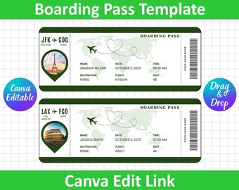 Editable Boarding Pass Template, Printable Personalized Airline Ticket, Digital Download DIY Boarding Ticket, Canva Boarding Pass