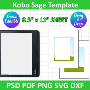 Könnte beinhalten: Eine schwarz-weiße Kobo Sage E-Reader-Vorlage auf einem weißen Gitterhintergrund. Die Vorlage ist 8,5 Zoll mal 11 Zoll groß und verfügt über eine Drag-and-Drop-Funktion. Die Vorlage ist in Canva bearbeitbar.