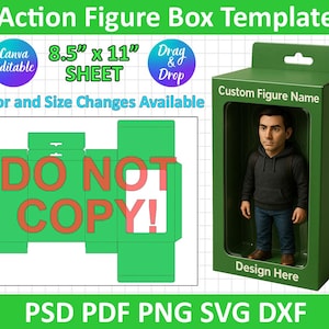 Może przedstawiać: Zielony szablon pudełka na figurkę z wycięciem na figurkę. Szablon ma rozmiar 8,5 cala na 11 cali i zawiera tekst "Custom Figure Name" oraz "Design Here".