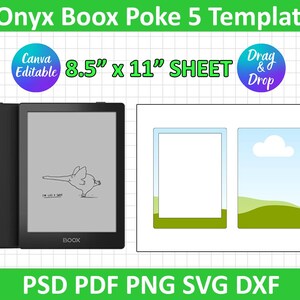 Op de afbeelding: Een zwart-witte illustratie van een vogel met een lange snavel op een zwart-witte e-reader. De e-reader bevindt zich op een witte achtergrond met een rasterpatroon. De tekst "Onyx Boox Poke 5 Template" bevindt zich bovenaan de afbeelding. De tekst "Canva Editable 8.5" x 11" SHEET" bevindt zich in de linkerbovenhoek van de afbeelding. De tekst "Drag & Drop" bevindt zich in de rechterbovenhoek van de afbeelding. De tekst "PSD PDF PNG SVG DXF" bevindt zich onderaan de afbeelding.