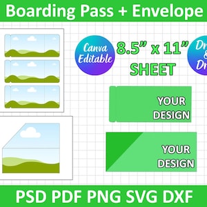 May include: A digital design template for a boarding pass and envelope. The design includes multiple boarding pass layouts with landscape graphics, and two envelope designs. The sheet size is 8.5" x 11". The design is Canva editable and supports PSD, PDF, PNG, SVG, and DXF formats.
