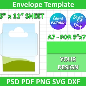 A7 Umschlag Vorlage, für 7 "x 5" Karte Umschlag Vorlage, PSD, PNG, SVG, Dxf, Silhouette, Cricut, Printable, Canva bearbeitbar, Instant Download