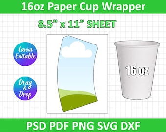 16 oz Paper Cup Wrapper Template, Paper Coffee Cup Template, Paper Cup Wrapper, Blank Cup Wrapper, Styrofoam Cup, Canva Editable