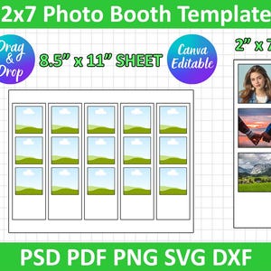 Può includere: Un modello di cabina fotografica 2x7 pollici, con più slot per foto e il testo "2x7 Photo Booth Template". Il modello include un foglio di 21,59 x 27,94 cm ed è etichettato come "Canva Editable".