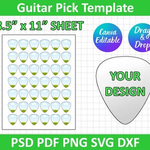May include: A printable template for 8.5 x 11 inch sheets of guitar picks. The template includes 48 guitar pick shapes with a green and blue design. The text "YOUR DESIGN" is on a white guitar pick shape.
