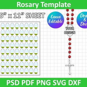 May include: A printable sheet with 48 circles for creating custom rosary beads. The sheet is 8.5 inches by 11 inches. There is also a mockup of a rosary with a silver cross and red beads. The text "Canva Editable" and "Drag & Drop" is on the image.