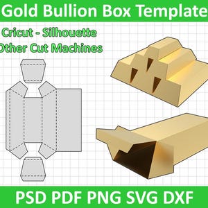 Puede incluir: Una plantilla de caja de lingotes de oro con el texto "Gold Bullion Box Template" y "Cricut - Silhouette Other Cut Machines". La imagen muestra un diseño de caja e ilustraciones de lingotes de oro. Los formatos de archivo incluyen PSD, PDF, PNG, SVG y DXF.