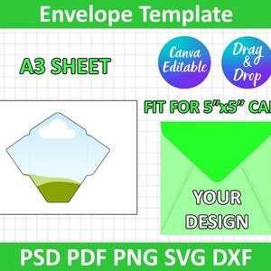 Plantilla de sobre cuadrado de 5,25 x 5,25 (PSD, PNG, SVG, DXF, Silhouette, Cricut, imprimible, editable en Canva, descarga instantánea)