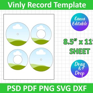 Op de afbeelding: Een wit vel met vier cirkelvormige vinyl record templates, elk met een landschap van blauwe luchten, wolken en groene heuvels. Het vel is gelabeld "Vinly Record Template" en bevat de tekst "8.5" x 11" SHEET".