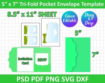 ポケット折りテンプレートSVG、5インチ×7インチポケット結婚式招待状テンプレート、封筒付き結婚式招待状テンプレート、Png、Psd、Dxf、Canva編集可能