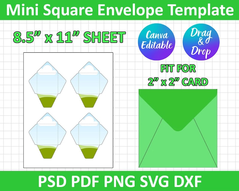 Square Envelope Temolate Mini Square Envelope Template SVG, PSD, PNG, Dxf, Silhouette, Cricut ...