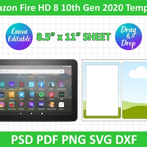 May include: A digital template for an Amazon Fire HD 8 tablet, 10th generation, 2020 model. The template is 8.5 inches by 11 inches and is designed for use with Canva. The template includes a mockup of the tablet with a blank screen and a separate design element with a cloud and hills. The template is available in PSD, PDF, PNG, SVG, and DXF formats.