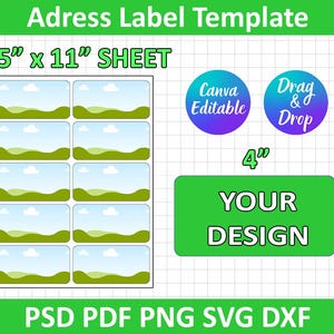 Puede incluir: Una hoja de plantilla de etiqueta de dirección imprimible con un diseño verde, blanco y azul. La hoja mide 8,5 pulgadas por 11 pulgadas e incluye 12 etiquetas. Las etiquetas miden 4 pulgadas por 2 pulgadas. El texto "Canva Editable" y "Drag & Drop" está incluido en la imagen.