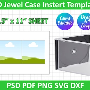 Może przedstawiać: Szablon wkładki do etui na płyty CD z tekstem "CD Jewel Case Insert Template" i "8.5" x 11" SHEET". Projekt zawiera przykładowy układ i ikony do edycji w Canva oraz funkcję przeciągnij i upuść. Formaty plików to PSD, PDF, PNG, SVG i DXF.