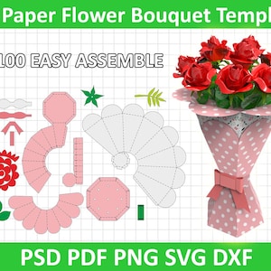 Könnte beinhalten: Eine 3D-Papiervorlage für einen Blumenstrauß mit einem fertigen Strauß und Montageanleitungen. Der Strauß zeigt rote Rosen in einem rosa Tupfenkegel mit einer rosa Schleife. Der Text lautet "3D Paper Flower Bouquet Template" und "%100 EASY ASSEMBLE."