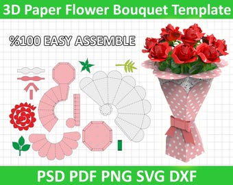 3D Paper Flower Bouquet SVG, Rolled Roses Bouquet Vase Gift Box SVG, Mothers Day, Valentines Day, Silhouette, Cricut, dxf, instant download