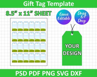 Könnte beinhalten: Eine Geschenkanhänger-Vorlage auf einem 8,5 x 11 Zoll Blatt mit zwanzig leeren Anhängern mit Landschaftsgrafik. Enthält einen grünen Anhänger mit dem Text YOUR DESIGN sowie kreisförmige Symbole für Canva Editable und Drag & Drop.
