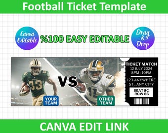 May include: Editable football ticket template with a black and white design. The template features a photo of two football players facing each other. The text on the ticket says "Ticket Match", "12 July 2024", "8PM-10PM", "123 Anywhere St., Any City", "Seat 8C Row 86".