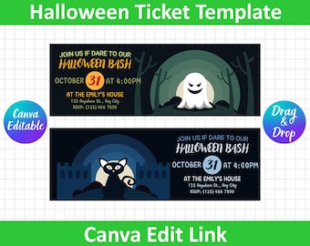 Bewerkbare uitnodiging voor Halloween-ticket, Halloween-tickets, Halloween-uitnodigingen, ticket Halloween-feest, uitnodiging Halloween-feest, canva bewerken