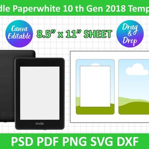 以下が含まれることがあります： 2018年発売のKindle Paperwhite第10世代の電子書籍リーダーの白黒画像。電子書籍リーダーは、21.6cm x 27.9cmの印刷可能なシートのテンプレートの隣に表示されています。テンプレートには、白い背景の2つの長方形のボックスと、白い雲のある青い空があります。テキスト「Kindle Paperwhite 10th Gen 2018 Template」は画像の上部にあります。テキスト「Canva Editable 8.5" x 11" SHEET」は画像の左上隅の円の中にあります。テキスト「Drag & Drop」は画像の右上隅の円の中にあります。テキスト「PSD PDF PNG SVG DXF」は画像の下部にあります。