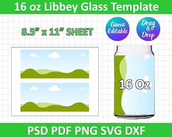 Könnte beinhalten: Eine Vorlage für ein 16 oz Libbey-Glas mit einem Designbereich und dem Text "16 oz". Das Bild enthält den Text "8.5" x 11" SHEET" und die Dateiformate PSD, PDF, PNG, SVG und DXF.