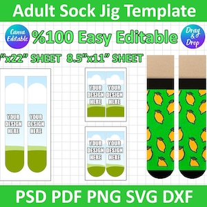 May include: A template for adult socks, featuring a green sock design with yellow lemons. The image includes text that reads "Adult Sock Jig Template", "Canva Editable", and "100% Easy Editable". The socks are 20 inches long.