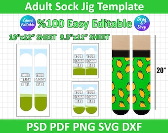 May include: A template for adult socks, featuring a green sock design with yellow lemons. The image includes text that reads "Adult Sock Jig Template", "Canva Editable", and "100% Easy Editable". The socks are 20 inches long.